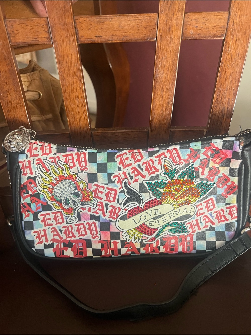 Ed Hardy Checkerboard Tattoo Patch Shoulder Bag - Black, Red, Green, Blue